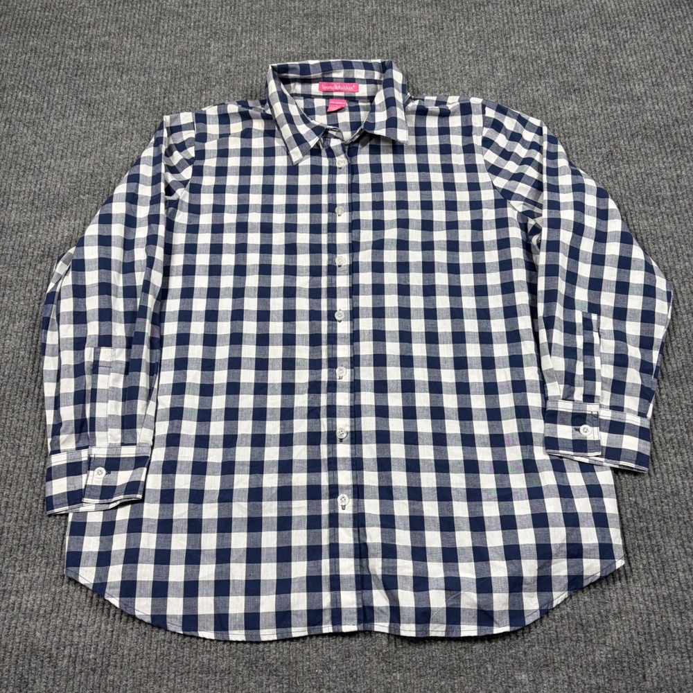 Woman Within Gingham Shirt Womens L Button Down Navy Blue White Plaid 30-4260-3